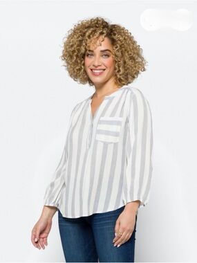 Prat Henley Striped V-Neck 3/4 length Sleeve Top